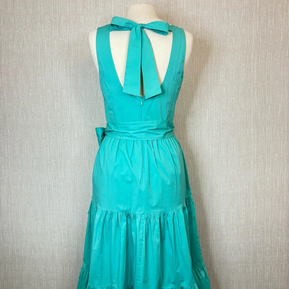 TAHARI Turquoise Tiered Pleated Stretch Cotton Poplin Tie Back Belt Maxi Dress - Picture 6 of 11